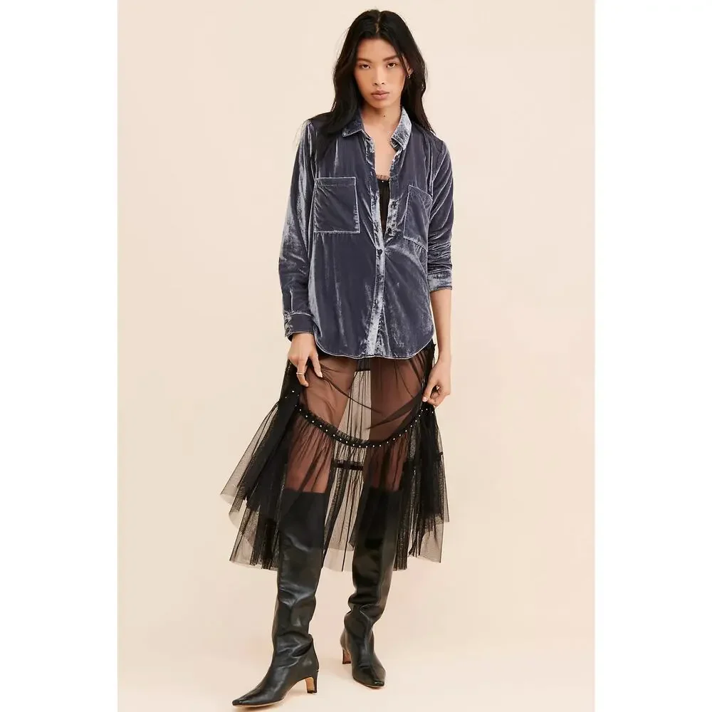 pilcro anthropologie hadley purple relaxed velvet buttondown shirt blouse - Picture 4 of 10